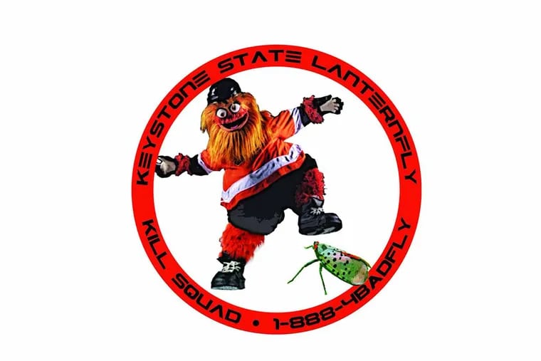As spotted lanternflies invade Philadelphia, Lizzie Rothwell was inspired to draw up a logo for the “Keystone State Lanternfly Kill Squad,” featuring Gritty, the Philadelphia Flyers mascot.