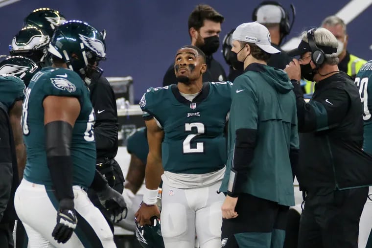 Eagles quarterback Jalen Hurts (2) threw for 342 yards and one touchdown (two interceptions) on 21-for-39 passing in Sunday's 37-17 loss to the Cowboys.