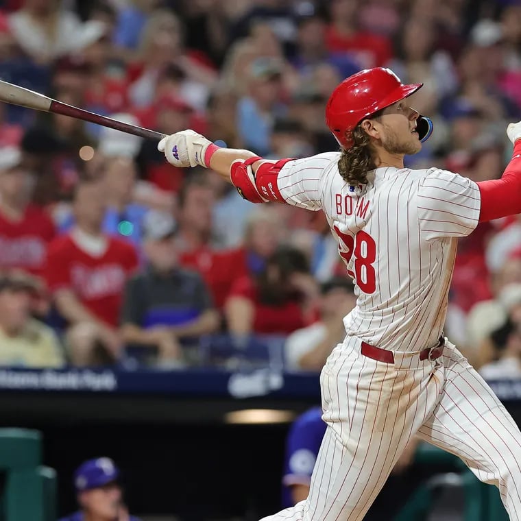 Alec Bohm of the Phillies doubles with the bases loaded to drive in 2 runsagainst the Rangers in the 6th inning on May 22, 2024 at Citizens Bank Park.