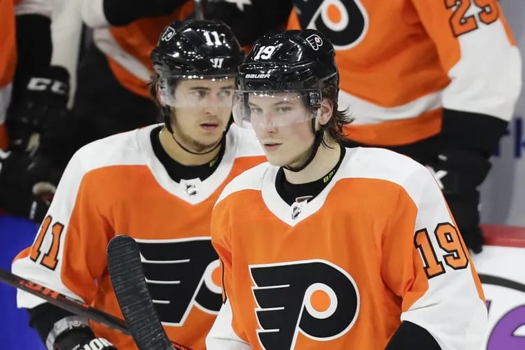 Nolan Patrick (left) is close with his Flyers teammate Travis Konecny, even though the two are polar opposites.