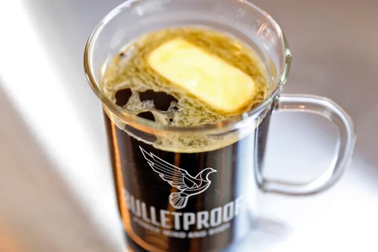 Bulletproof coffee with unsalted, grass-fed butter added before it is mixed in a blender at Bulletproof Coffee in Santa Monica, Calif. Executive founder Dave Asprey founded the signature drink in the hottest new health-meets-coffee craze. (Al Seib/Los Angeles Times/TNS)