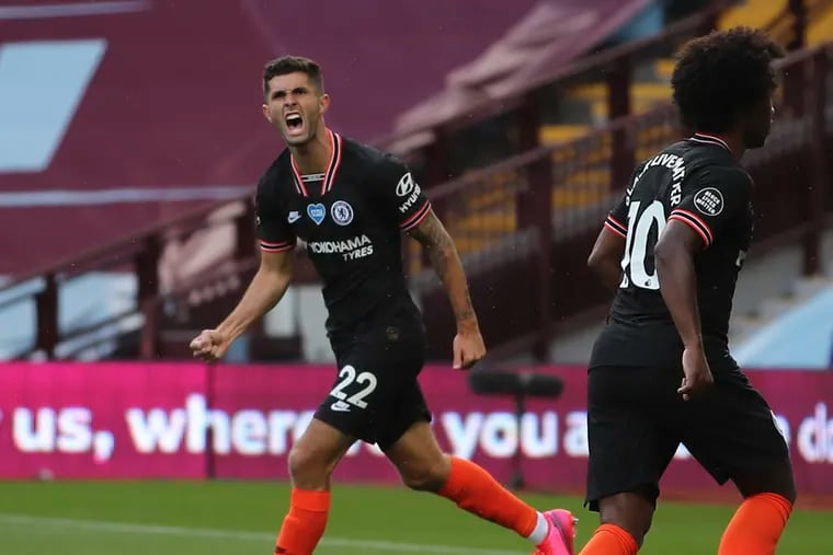 Christian Pulisic celebrates after scoring Chelsea's opening goal in a 2-1 win over Aston Villa.