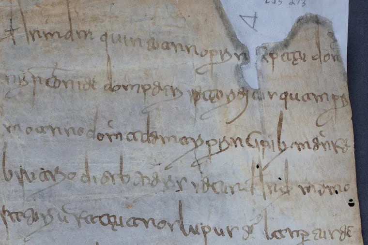 A detail from the Waldipertus Land Grant Document, a Latin record on parchment of the transfer of "level land," recorded in Benevento, Italy, in 821.