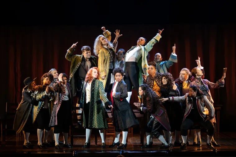 Sav Souza as Dr. Josiah Bartlett (center-left, pointing a finger) and Brooke Simpson as Roger Sherman (on the right of John Adams in the front) in Roundabout Theatre Company's '1776.'