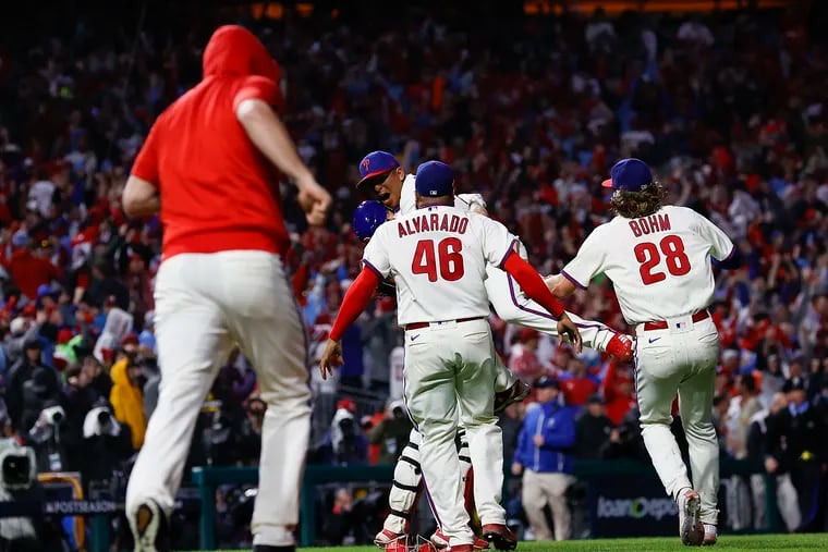 The Phillies celebrates after beating the San Diego Padres in game five of the National League Championship Series on Sunday.