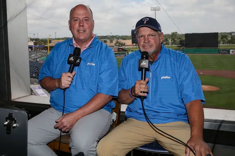 Phillies broadcasters Tom McCarthy, left and John Kruk are calling todays game with the Pirates at BayCare Ballpark in Clearwater, FL, Tuesday, April 5, 2022. The Phillies beat the Pirates 5-1.