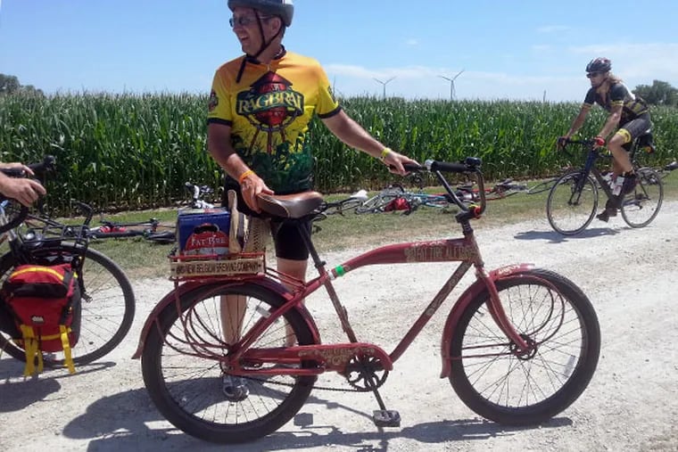 A rider with his New Belgium Fat Tire cruiser bike during the 7-day beer tour bike ride through Iowa.