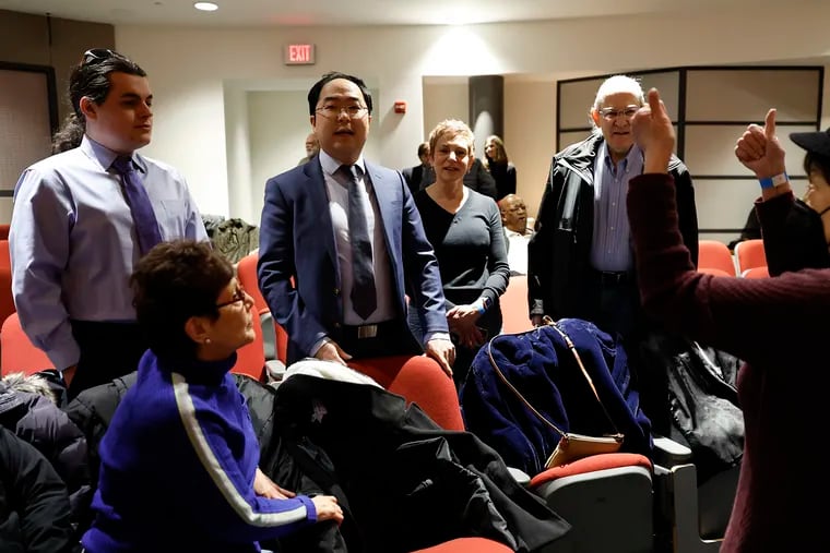 U.S. Rep. Andy Kim (third from left) meets with delegates during the Burlington County Democratic Convention at the Rowan College in Mount Laurel on Feb. 24.  Kim is on the quest for the New Jersey Democratic nomination for U.S. Senate to replace Bob Menendez.