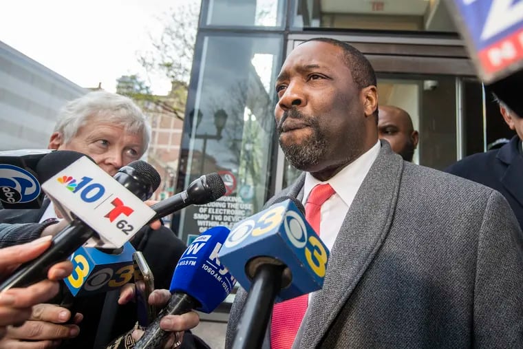 Philadelphia City Councilmember Kenyatta Johnson speaks to reporters after a jury deadlocked in the federal bribery case he faced along with his wife, Dawn Chavous.