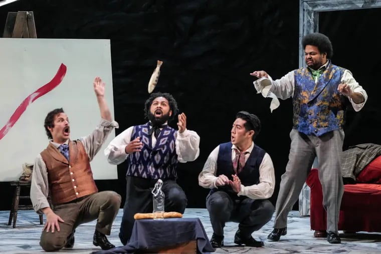 In Opera Philadelphia's "La bohème," Marcello (Troy Cook), Schaunard (Benjamin Taylor), Colline (Adam Lau) and Rodolfo (Joshua Blue).