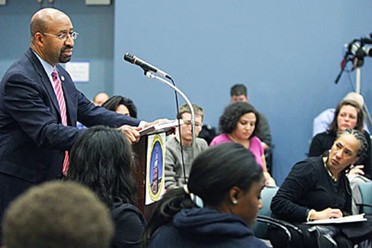 &quot;No one will know our schools are getting safer unless they can trust the data we collect and report is valid and consistent, and that there is no 'down-coding' or under-reporting in an attempt to make a school look safer than it is,&quot; Mayor Nutter wrote in the report, discussed before the School Reform Commission. (Steven M. Falk / Staff Photographer)