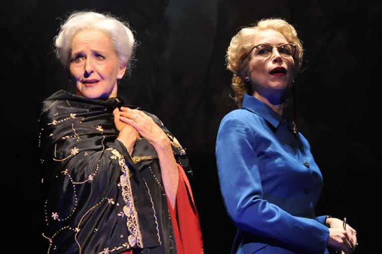 Frederica von Stade (left) as Myrtle, recalling a conversation with a store clerk (Carolyn Johnson) in "A Coffin in Egypt" by Opera Philadelphia.
