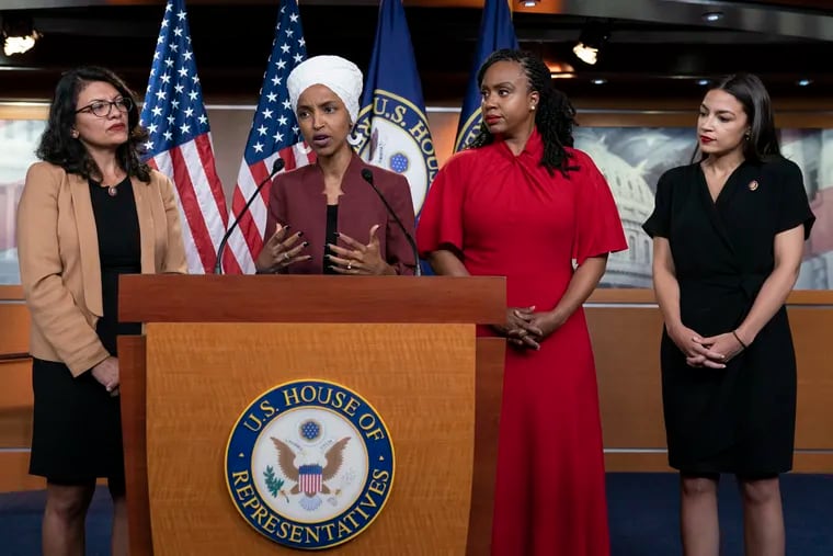 From left, Rep. Rashida Tlaib, D-Mich., Rep. Ilhan Omar, D-Minn., Rep. Ayanna Pressley, D-Mass., and Rep. Alexandria Ocasio-Cortez, D-N.Y., respond to base remarks by President Donald Trump after he called for the four Democratic congresswomen of color to go back to their "broken” countries, as he exploited the nation’s glaring racial divisions for political gain, during a news conference at the Capitol in Washington, Monday, July 15, 2019. All are American citizens and three of the four were born in the U.S. Rep. Omar is the first Somali-American in Congress.
