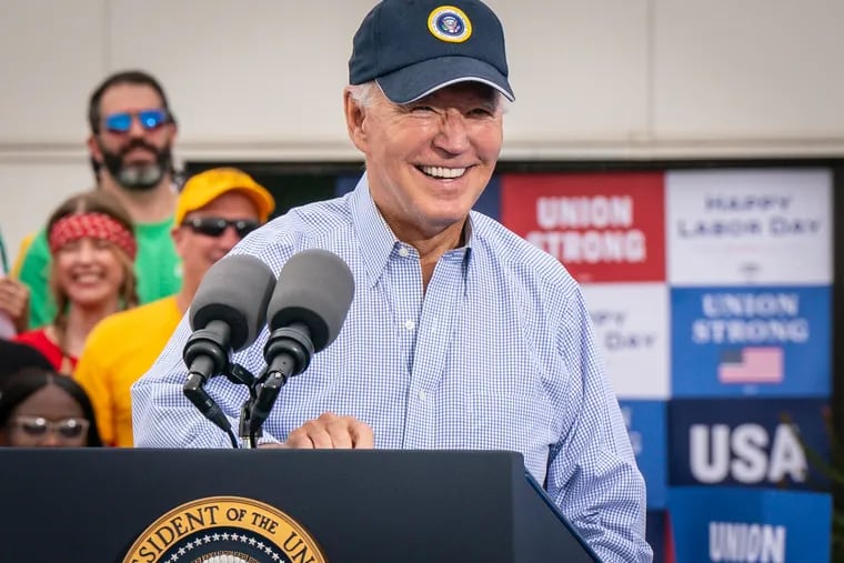 President Joe Biden speaks to supporters during a Labor Day rally at the Sheet Metal Workers Local 19 office along Columbus Boulevard in South Philadelphia on Monday, Sept. 4, 2023, in Philadelphia. The president is scheduled to visit the city again this Friday.