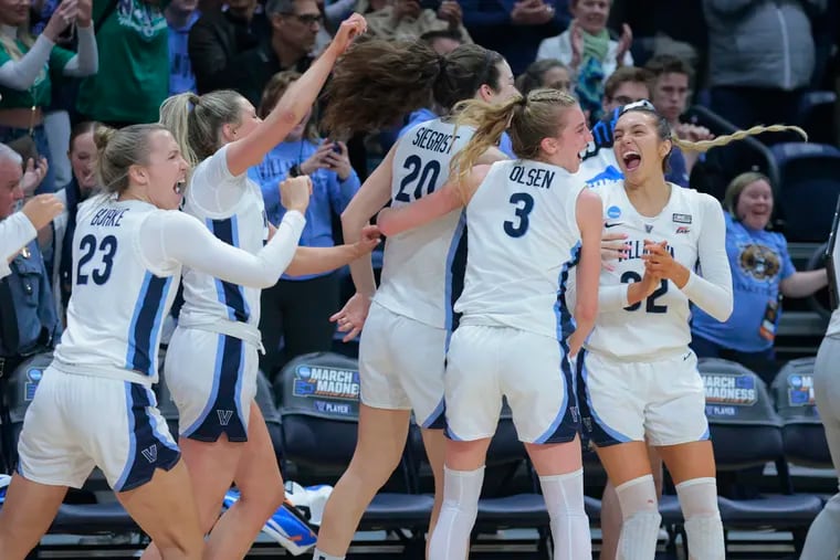 You don't need to look too far for one of the most memorable women's runs in the NCAA Tournament as Maddy Siegrist (20) and Villanova went all the way to the Sweet 16 in the 2022-23 season. Here, Siegrist is flanked by L-R: Maddie Burke, Brooke Mullin, Lucy Olsen, and Bella Runyan.