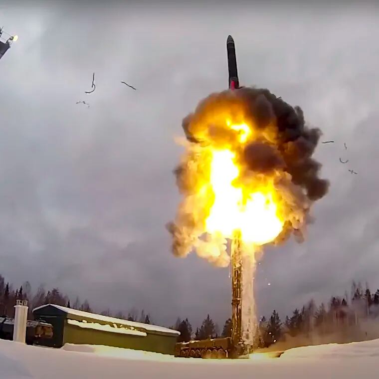 This photo taken from video provided by the Russian Defense Ministry Press Service on Feb. 19, 2022, shows a Yars intercontinental ballistic missile being launched from an air field during military drills in Russia. The Russian Defense Ministry said that the military will hold drills involving tactical nuclear weapons – the first time such exercise was publicly announced by Moscow.