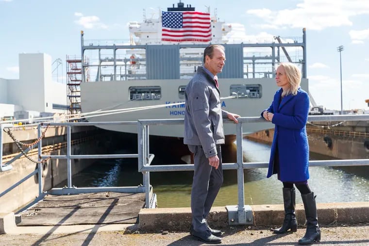US. Rep. Mary Gay Scanlon, D-Pa., right, speaks to John Kane, the Plumbers Union Business Manager for Local 690, in the Philly Shipyard after a press conference, urging that the shipyard receive a government contract for training vessels for the U.S. maritime academies.