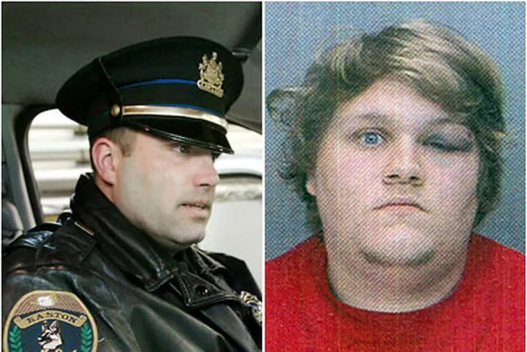 Matthew Clemmens (right) pleaded guilty today to harassing Easton Police Capt. Michael Vangelo (left) and his family by by spitting and vomiting on them at a Phillies game.