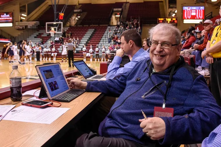 Mel Greenberg on press row at St. Joseph's Hagan Arena in 2018.