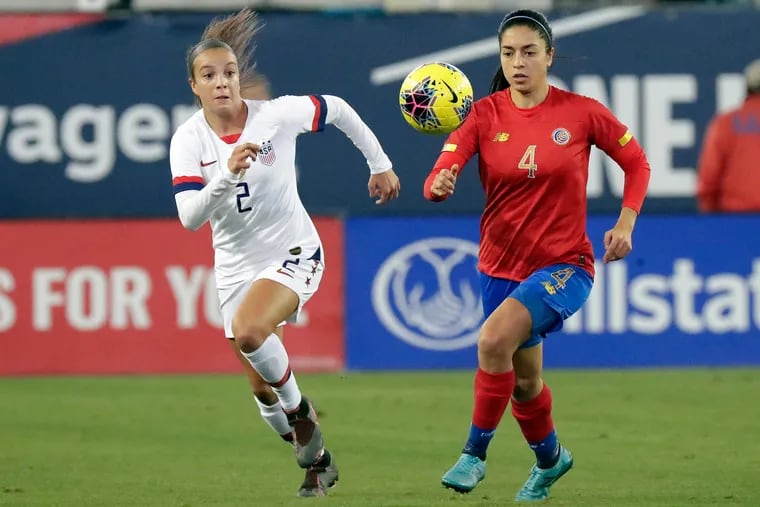 Mallory Pugh (left), seen here playing for the U.S. women's national team last November, will miss the NWSL Challenge Cup due to a hip injury.