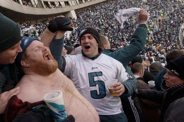 Fireball, a/k/a David Bolger from Allentown, never wore a shirt while cheering the Eagles from the 700 level at Veterans Stadium, including the NFC Championship Game against Tampa Bay in 2003.