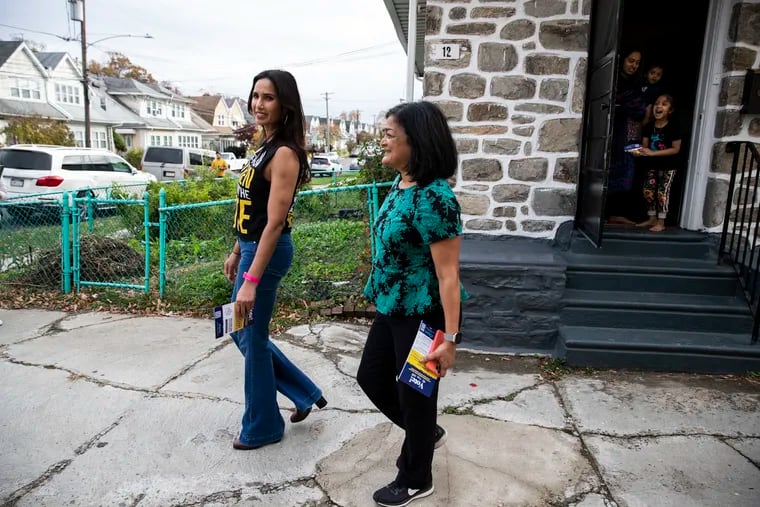 Model and TV host Padma Lakshmi and U.S. Rep. Pramila Jayapal canvass during a Get Out the Vote event, lead by Indian American Impact, in Upper Darby on Sunday.  Election Day is Tuesday Nov. 8.