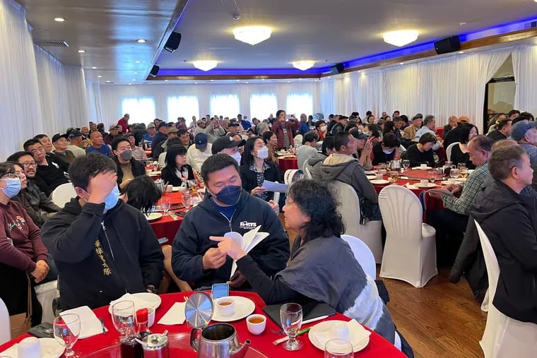More than 200 members of 40 community organizations recruited by the Philadelphia Chinese Community Organizations United group gathered at Ocean City Restaurant on Ninth Street in Philadelphia's Chinatown on Sunday to review and discuss initial proposals by the 76ers basketball team owners to build an arena over the current Philadelphia Fashion District mall and neighboring bus station, along Market and Filbert Streets, just south of Chinatown.
