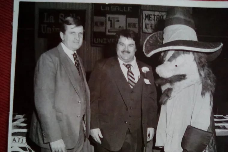 David Rudenstein, middle, with Speedy Morris and the La Salle mascot when Morris coached the Explorers and Rudenstein was known as the La Salle Screamer.