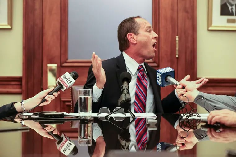 Pa. State Sen. President Pro Tempore Joe Scarnati frustratedly answers a journalist's question late Wednesday night in the Capitol after the Republican leader failed to garner enough votes to pass a bill that sought to expand the rights of victims of child sexual abuse to sue as adults