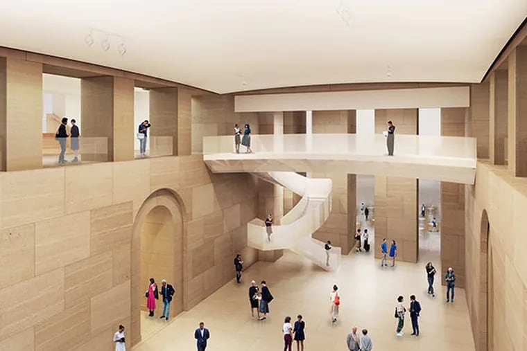 The heart of the Art Museum will be opened up in the proposed renovation, creating a clear sight line through the ground-floor and first-floor galleries. (Rendering courtesy Gehry Partners, LLP)