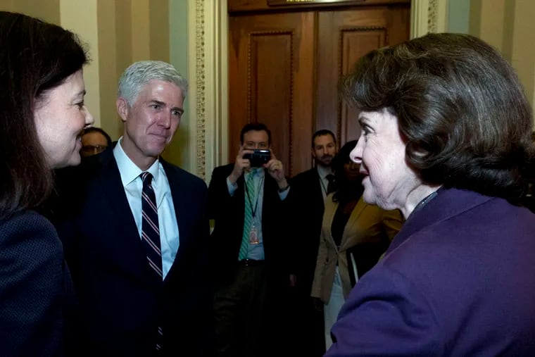 Neil Gorsuch with former Sen. Kelly Ayotte (left), who is shepherding the nomination in the Senate, and Sen. Dianne Feinstein.