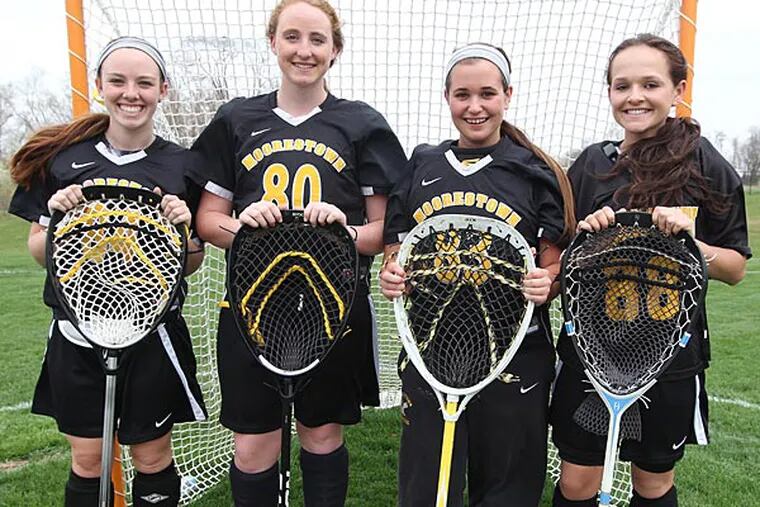 Moorestown four varsity girls lacrosse goalies are left to right,
Lawson Hayes, Miranda Chrone, Gabby Cooper, and Jessica Goralski.
Moorestown girls lacrosse team, which is No. 1 in country in laxpower
national rankings, has been using four goalies.  (Michael Bryant/Staff Photographer)
