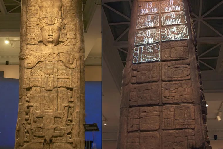 The time of creation, several thousand years ago, is expressed on markings highlighted on a Mayan stele in a Penn Museum exhibit, "Maya 2012: Lords of Time."
