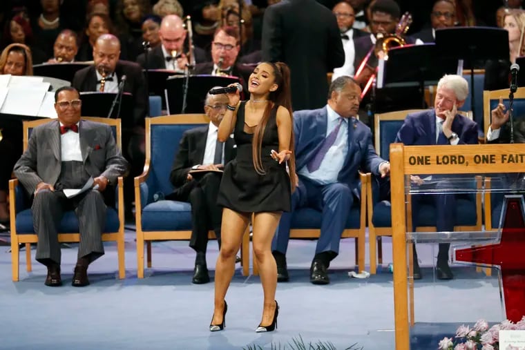 Ariana Grande performs during the funeral service for Aretha Franklin at Greater Grace Temple, Friday, Aug. 31, 2018, in Detroit. Franklin died Aug. 16, 2018 of pancreatic cancer at the age of 76.