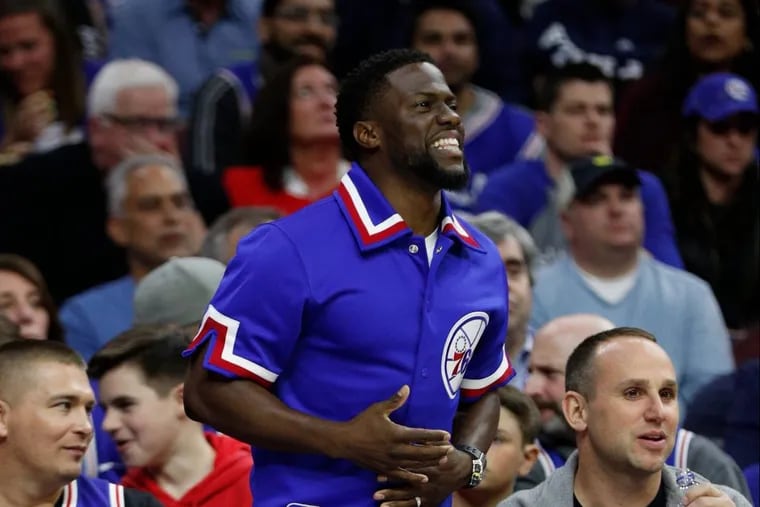 Kevin Hart reacts during the first half in Game 2 of a first-round NBA basketball playoff series between the Miami Heat and the Philadelphia 76ers, Monday, April 16, 2018, in Philadelphia. The Heat won 113-103.