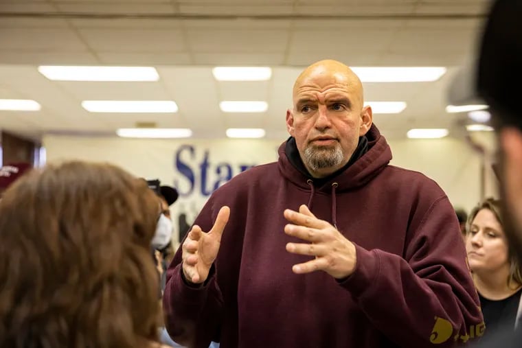 Pennsylvania Lt. Gov. John Fetterman, now the Democratic nominee for Senate, during a campaign stop last month in Plymouth Meeting.