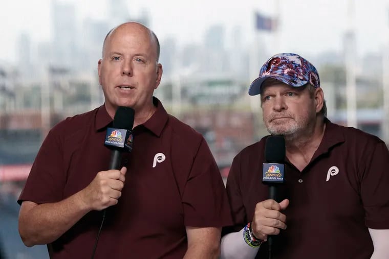 Phillies announcers Tom McCarthy (left) and John Kruk called an exciting game Wednesday night that featured Michael Lorenzen’s no-hitter.