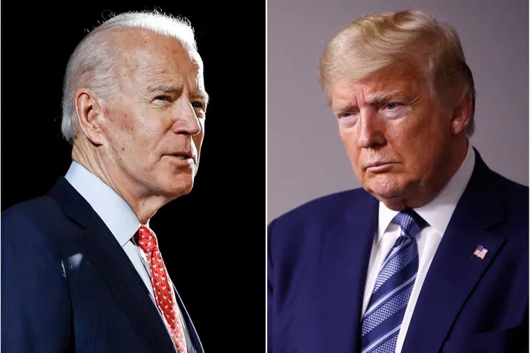 In this combination of file photos, former Vice President Joe Biden speaks in Wilmington, Del., on March 12 and President Donald Trump speaks at the White House April 5.