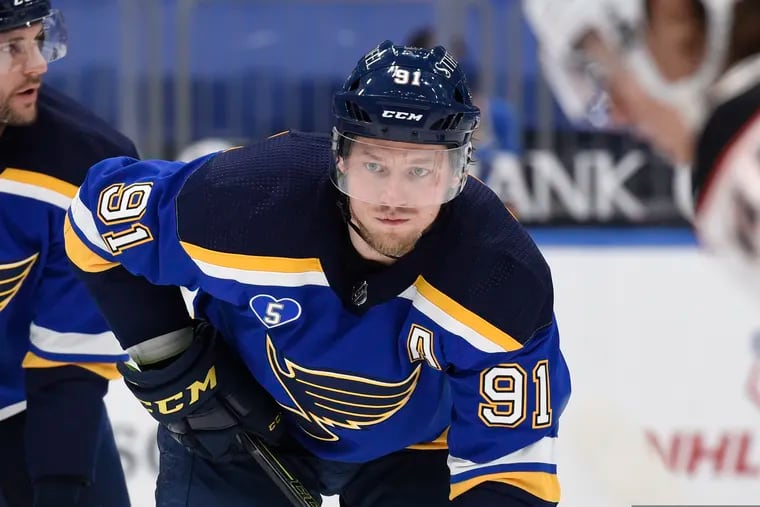 In this March 26 photo, the Blues' Vladimir Tarasenko waits for a face-off during the third period of a game against the Anaheim Ducks in St. Louis.
