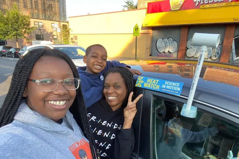 Volunteers Octavia Jones and her two children, Taegan and Tristen Harris, used the sensor attached to the car to collect heat data in the Bronx as part of a previous NOAA and partner Heat Island Mapping Campaign in July 2021.