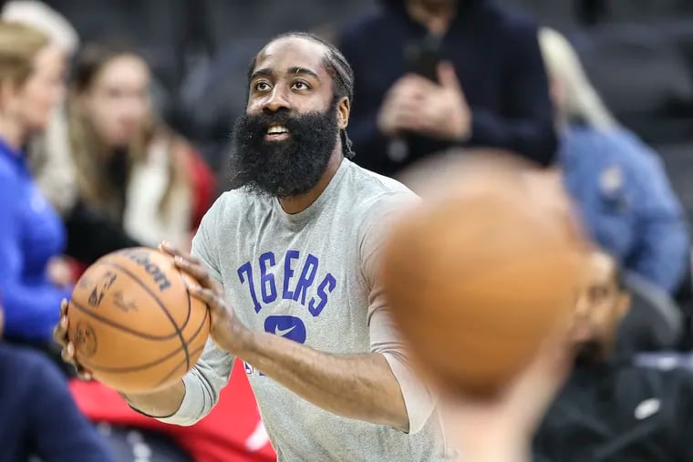 Sixers James Harden warms up for the first time at home before his game with the Knicks  at the Wells Fargo Center in Philadelphia, Wednesday,  March 2, 2022.