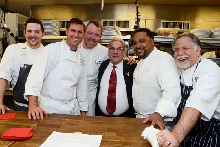 Georges Perrier with chefs (from left) Nicholas Elmi, Chip Roman, Pierre Calmels, Kevin Sbraga, and Al Paris at a 2014 event at Paris Bistro, then owned by Paris in Chestnut Hill.