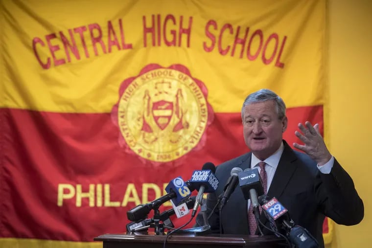 Mayor Jim Kenney speaks during a ceremony at Central High School November 29, 2017. He is expected to ask Council to significantly increase the school district’s budget.