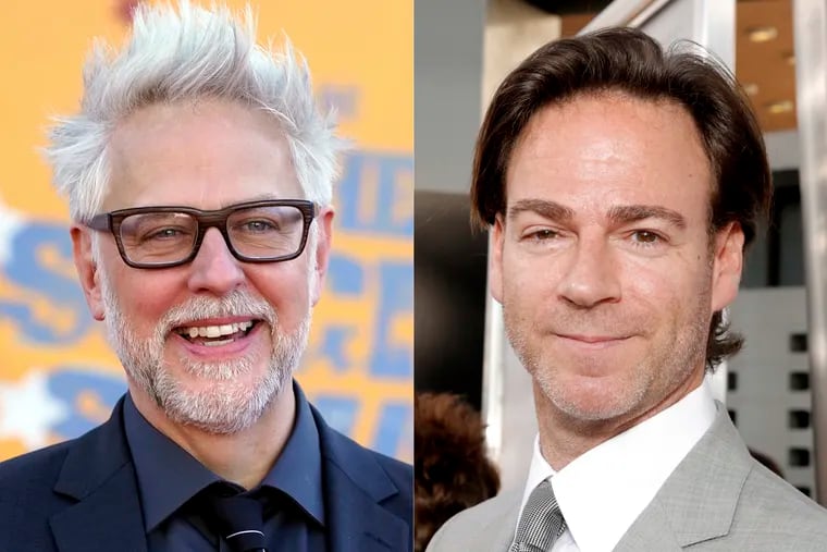 Writer-director James Gunn, appears at the premiere of "The Suicide Squad," in Los Angeles in 2021, left, and producer Peter Safran appears at the  premiere of "The Conjuring" in Los Angeles in 2013.