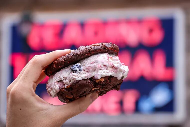 The “Ruby Raspberry,” featuring the new Ruby Chocolate Cherry cookie, from Famous 4th Street Cookies, paired with Bassetts Raspberry Truffle ice cream. Ice cream sandwich kits are available at the Reading Terminal.