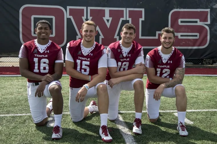 The four Temple quarterback prospects: (from left) Todd Centeio, Anthony Russo, Frank Nutile, and Logan Marchi.