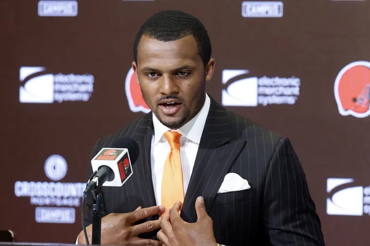 Cleveland Browns new quarterback Deshaun Watson speaks during a news conference on Friday, March 25, 2022.