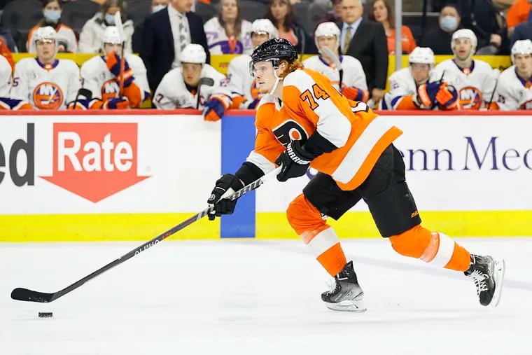 Flyers right wing Owen Tippett skates with the puck against the New York Islanders during the first period on Sunday, March 20, 2022 in Philadelphia.