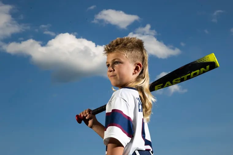 Rory Ehrlich, 6, of West Pottsgrove, Montgomery County, has reached the third and final round of the 2023 USA Mullet Championships. It benefits Wounded Warriors. He is shown before baseball practice.