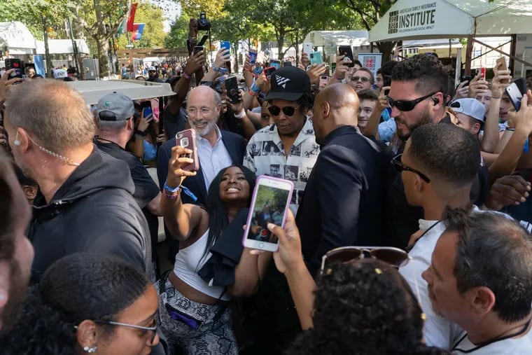 Jay-Z, rapper and Made in America creator, and Governor Wolf seen together on the parkway at Made in America Festival on Benjamin Franklin Parkway in Center City, Philadelphia on Saturday, August 31, 2019.